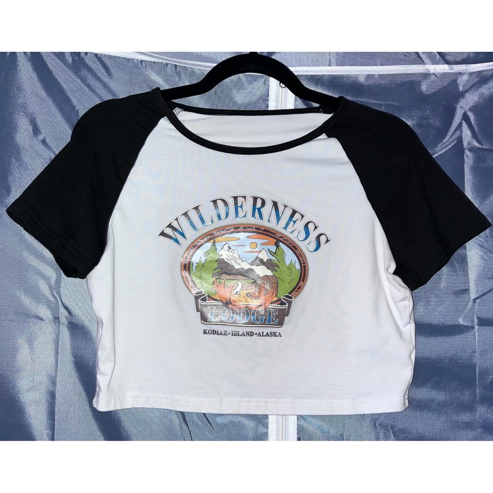 SHEIN Wilderness Lodge Graphic Crop Top Ringer Tee Alaska Size Large